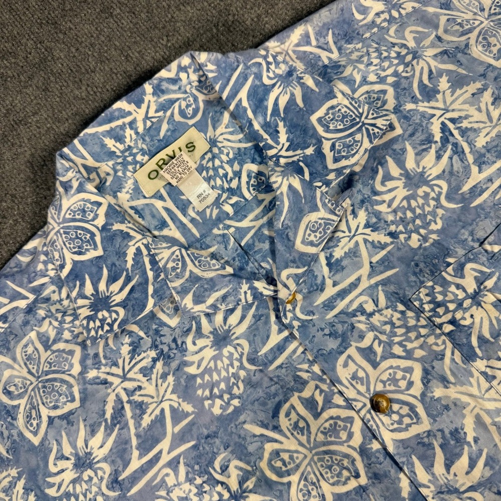 Orvis Mens XL Blue White Tropical Pineapple Batik Cotton Button Down Shirt #4360
